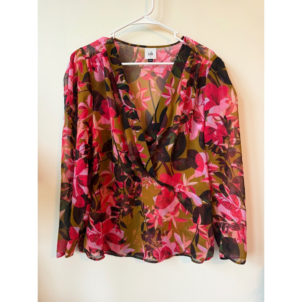 Cabi Floral Surplice Blouse Pink Olive Green Chiffon Wrap Top Large 5612
